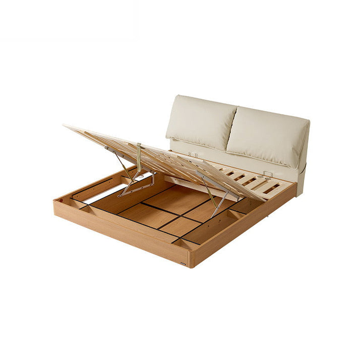 JANELLE Wood Color Panel Queen Bed wood color Flip up Pneumatic Storage, Suspended with Light With Headboard