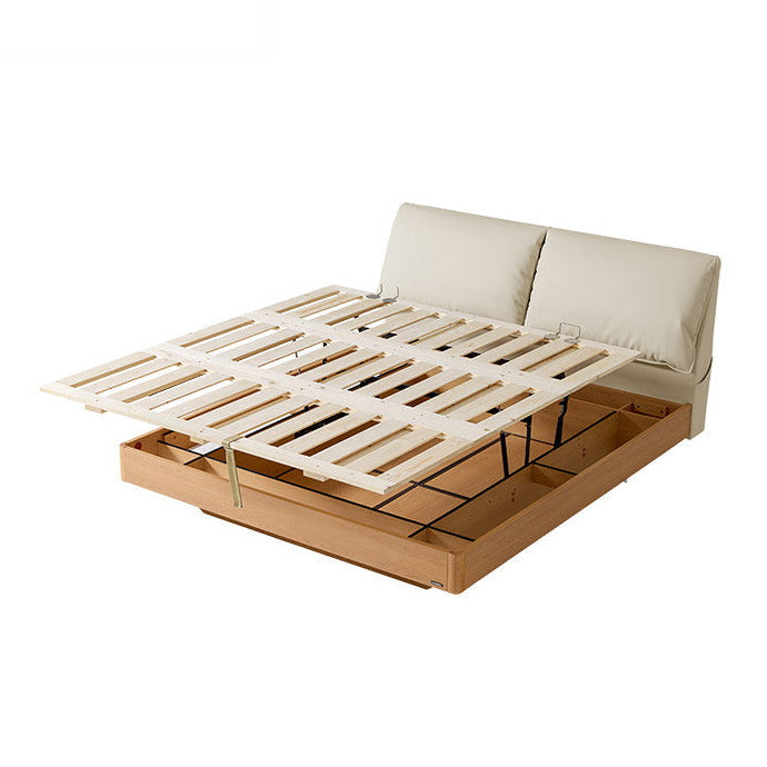 JANELLE Wood Color Panel Queen Bed wood color Sliding Pneumatic Storage, Suspended with Light With Headboard