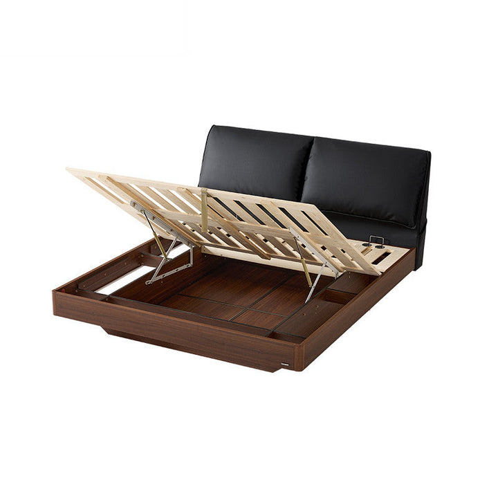 JANELLE Wood Color Panel Queen Bed walnut Flip up Pneumatic Storage, Suspended with Light With Headboard