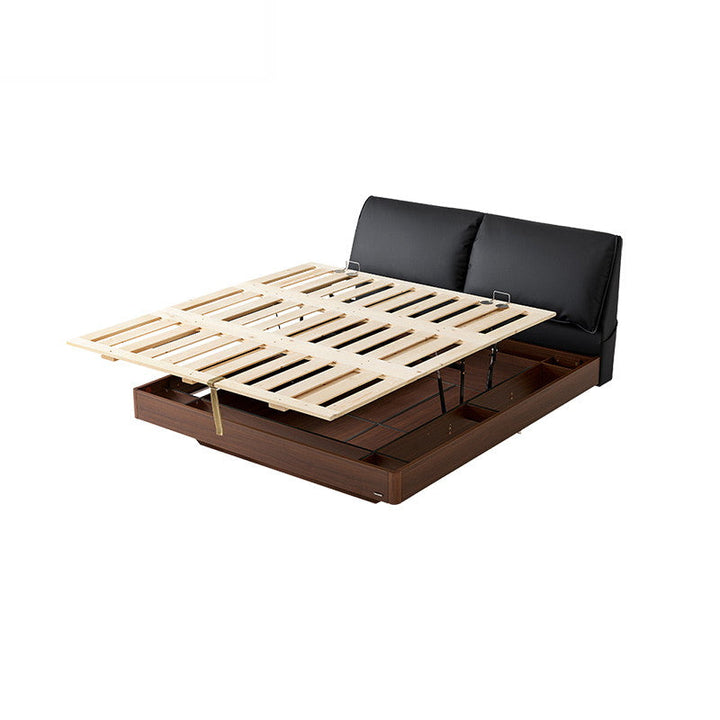 JANELLE Wood Color Panel Queen Bed walnut Sliding Pneumatic Storage, Suspended with Light With Headboard