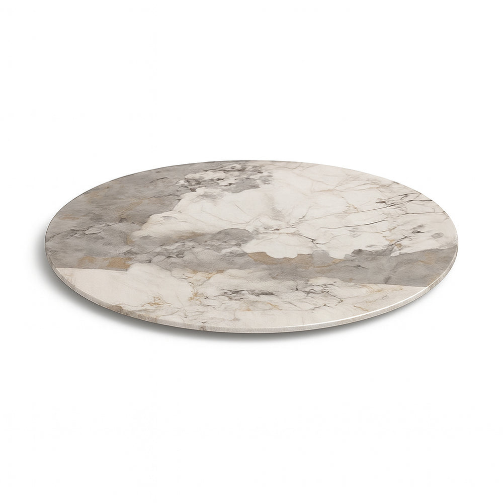 Circular tray with a white and grey marble stone pattern