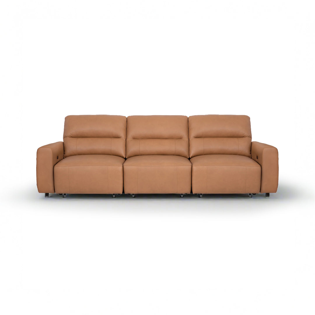 Three-seater tan leather recliner sofa isolated on a white background.
