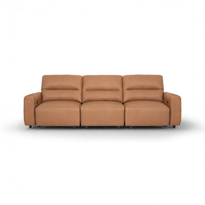 Three-seater tan leather recliner sofa isolated on a white background.