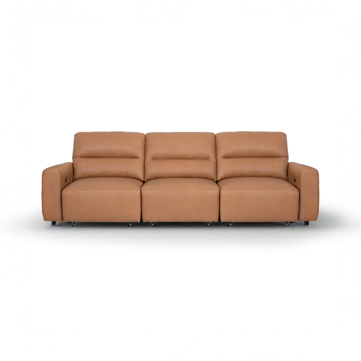 Three-seater tan leather recliner sofa isolated on a white background.