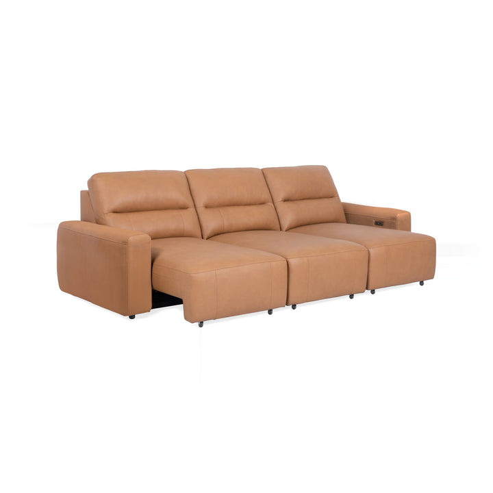 Tan leather sectional sofa on a white background.