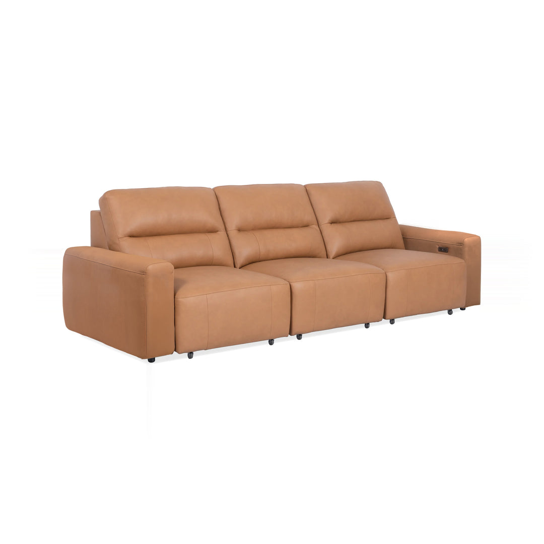 A tan leather three-seater recliner sofa is displayed on a white background.
