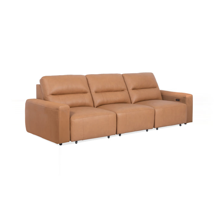 A tan leather three-seater recliner sofa is displayed on a white background.
