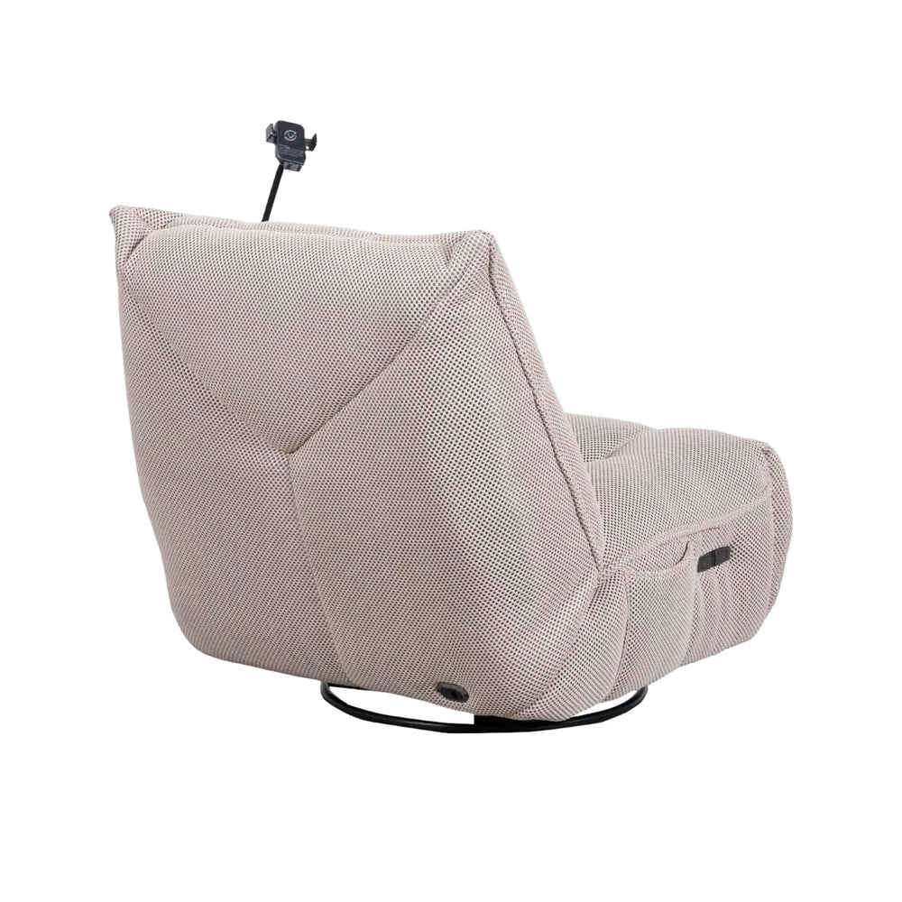 A modern sofa chair in cement beige fabric, set against a white background. The chair has a unique quilted design and a black base.