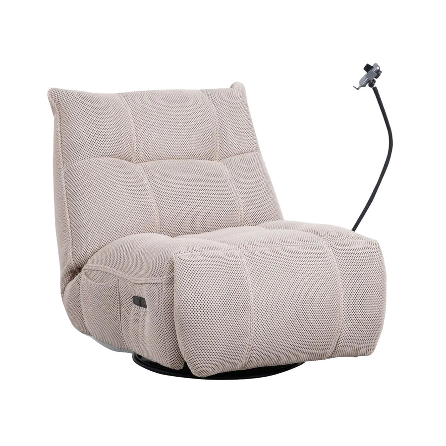 A sofa chair on a white background, featuring a cement beige fabric with a textured appearance. The chair is styled in a modern design with a swivel base. There is a cell phone holder.