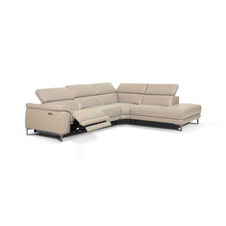 A light beige leather sectional sofa with reclining features, shown on a plain white background.