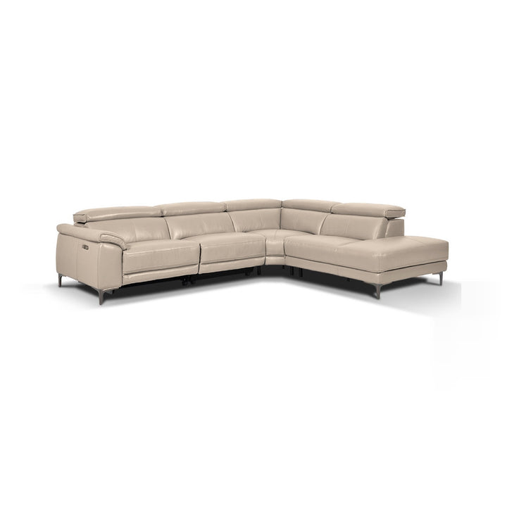 A light beige leather reclining sectional sofa with a chaise is displayed against a stark white background. The sofa features adjustable headrests and sleek metal legs.