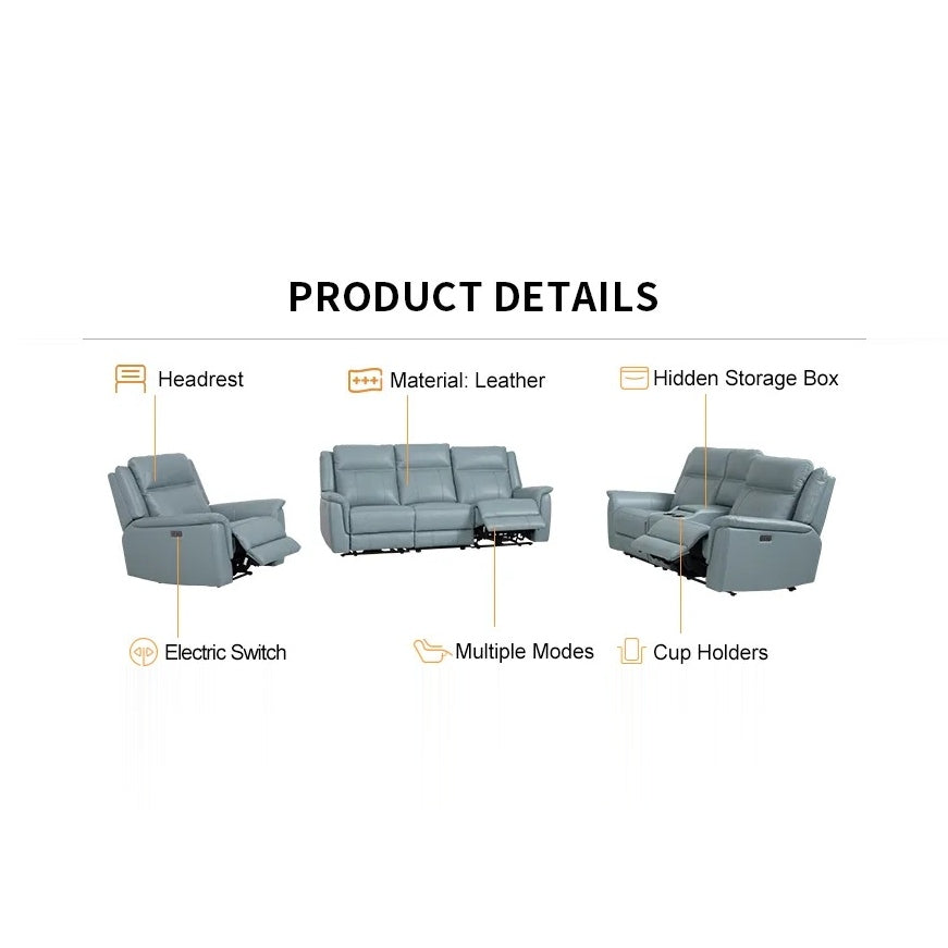 Product details of a blue leather sofa set including headrest, electric switch, multiple modes, cup holders, and hidden storage box, all on a white background.