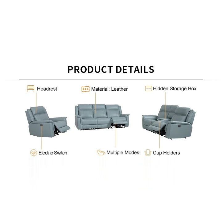 Product details of a blue leather sofa set including headrest, electric switch, multiple modes, cup holders, and hidden storage box, all on a white background.