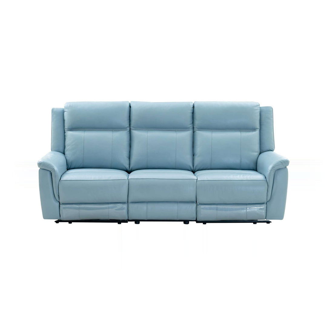 A light blue leather 3-seater sofa on a white background.
