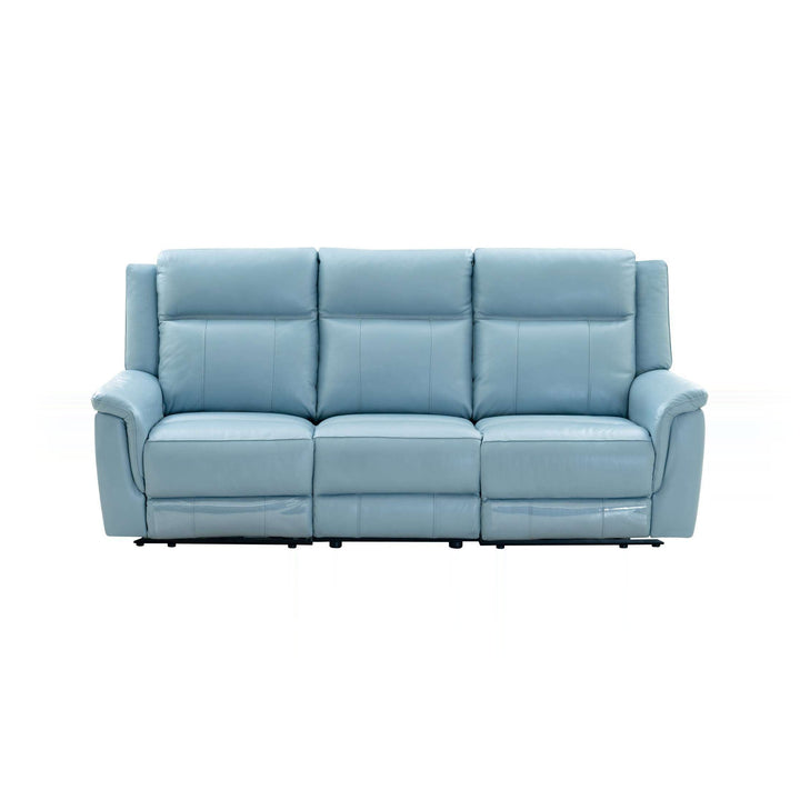 A light blue leather 3-seater sofa on a white background.