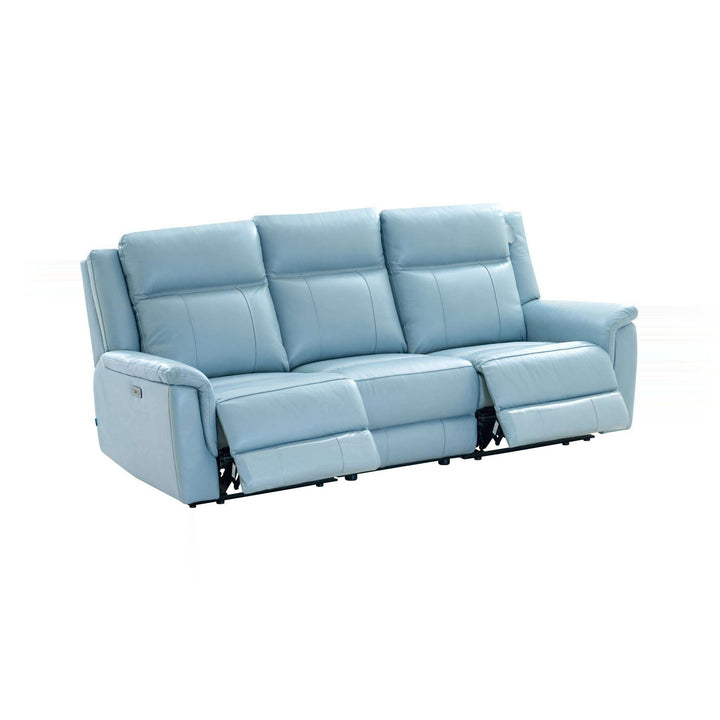 A light blue leather 3-seater sofa with a reclining feature, displayed on a white background.
