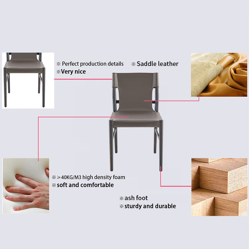 Infographic detailing a leather dining chair, saddle leather texture, high-density foam, and ash wood legs.