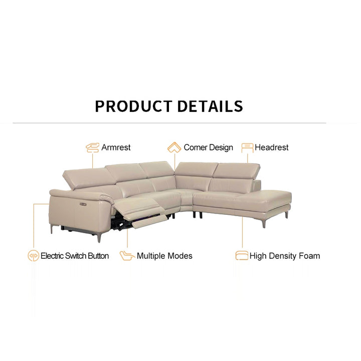 A light beige sectional sofa with a reclining section, featuring labels pointing to the armrest, corner design, headrest, electric switch button, multiple modes, and high-density foam.