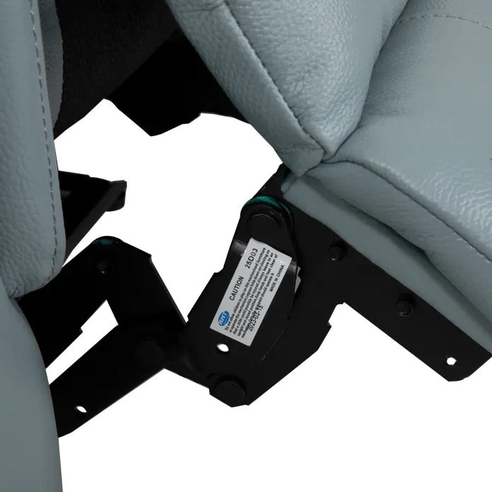 Close-up detail showing the leather material of the sofa and the metal mechanism.