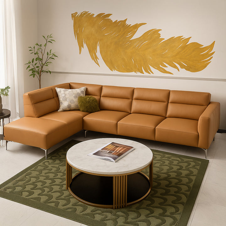 MARZIO Tan Leather Sectional Sofa for Living Room