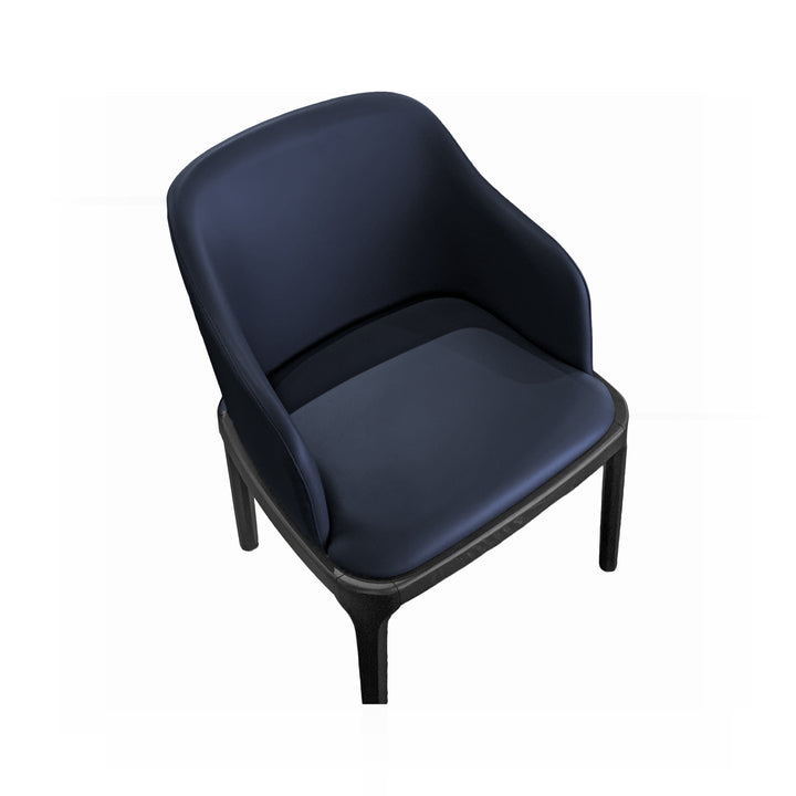 A blue upholstered chair with dark wood frame, isolated on a white background.