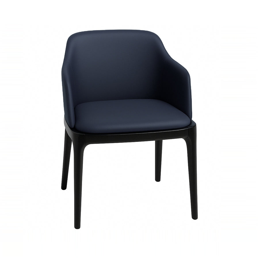 A blue upholstered armchair with black wooden frame and legs is isolated on a white background.