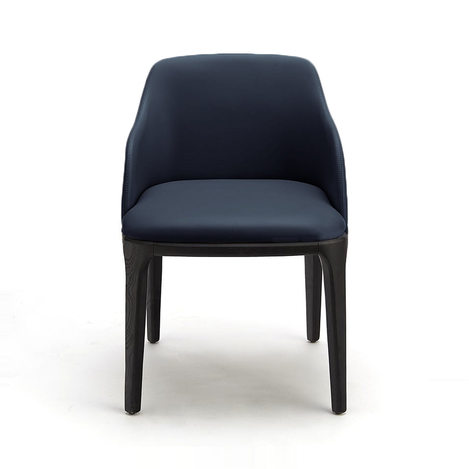 A modern navy blue upholstered chair with dark wood legs on a white background.