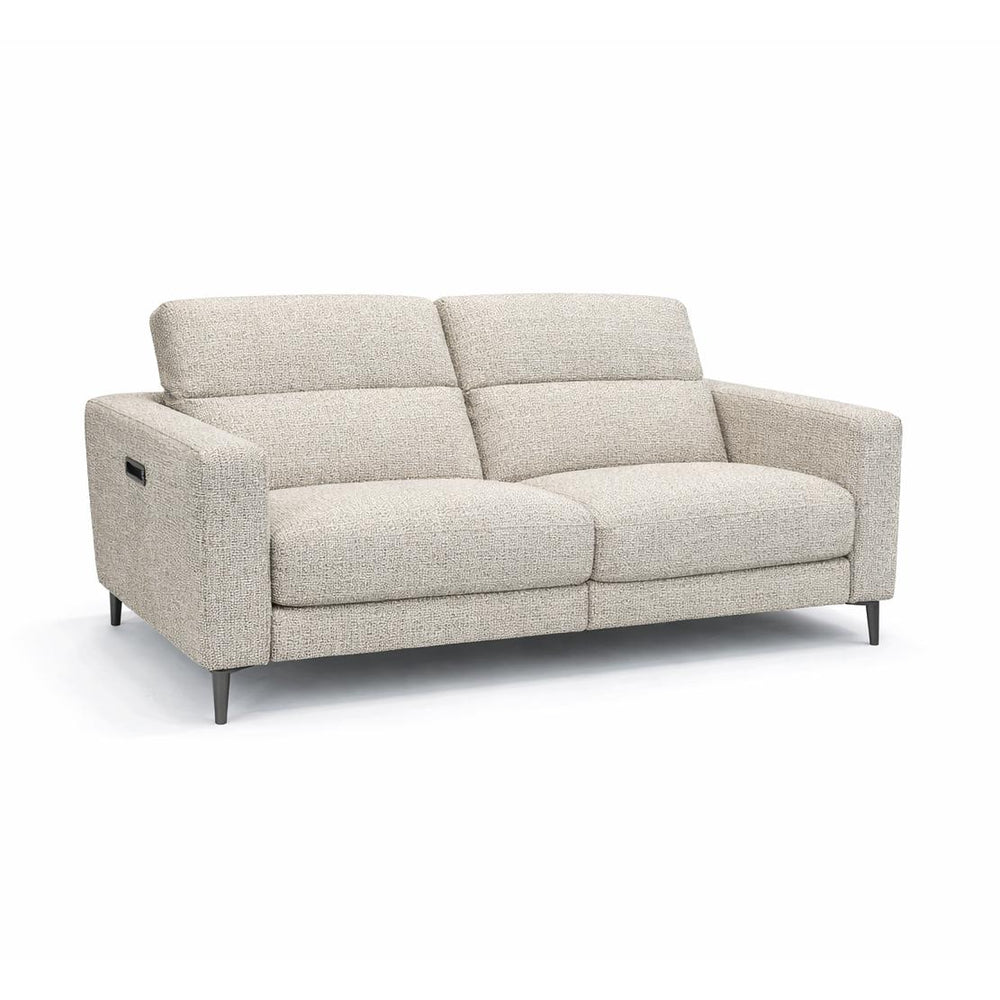 Beige textured fabric loveseat with two seat cushions, a control panel on the left armrest, and dark tapered metal legs.