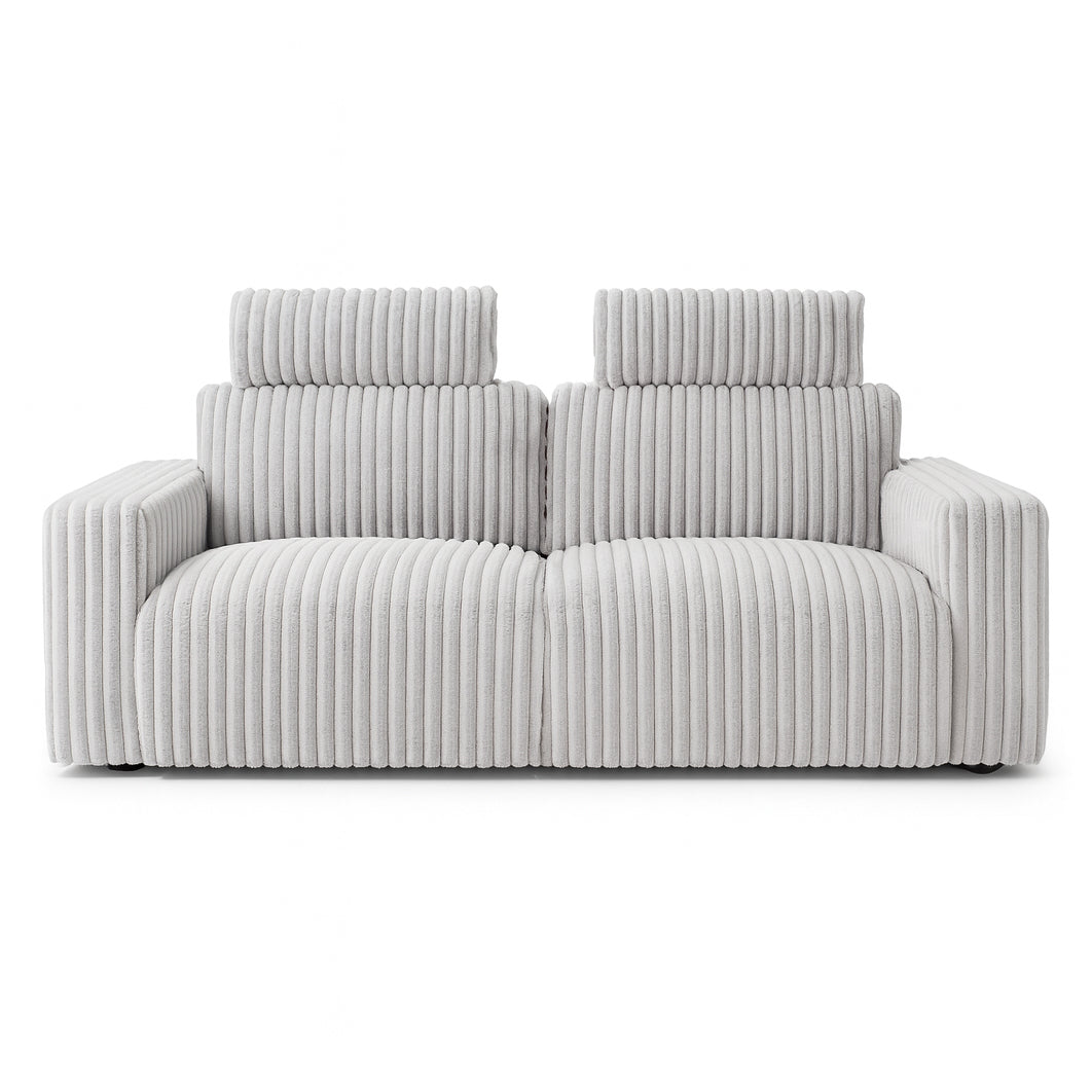 RAVELLE Plush Grey Corduroy Sofa with Adjustable Headrests