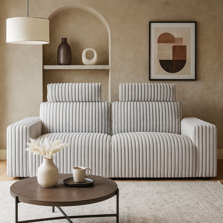 RAVELLE Plush Grey Corduroy Sofa with Adjustable Headrests