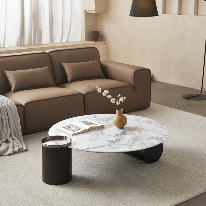 AURELIO Modern White Marble Coffee Table with Black Base