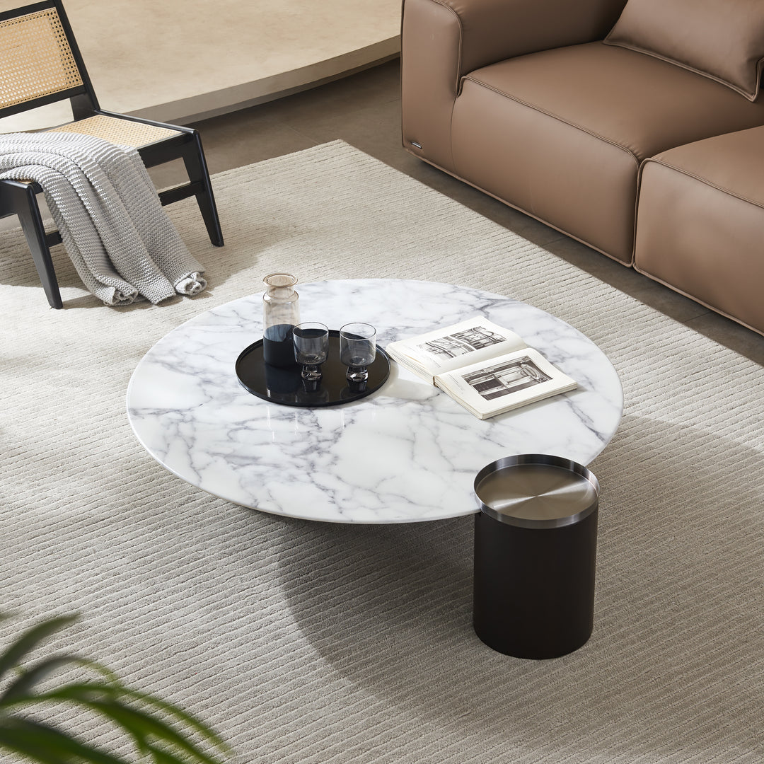 AURELIO Modern White Marble Coffee Table with Black Base
