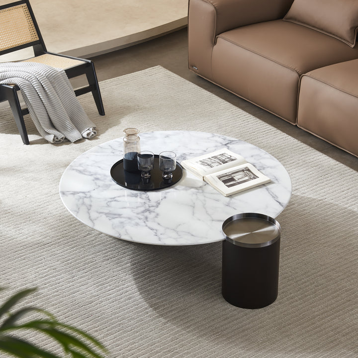 AURELIO Modern White Marble Coffee Table with Black Base