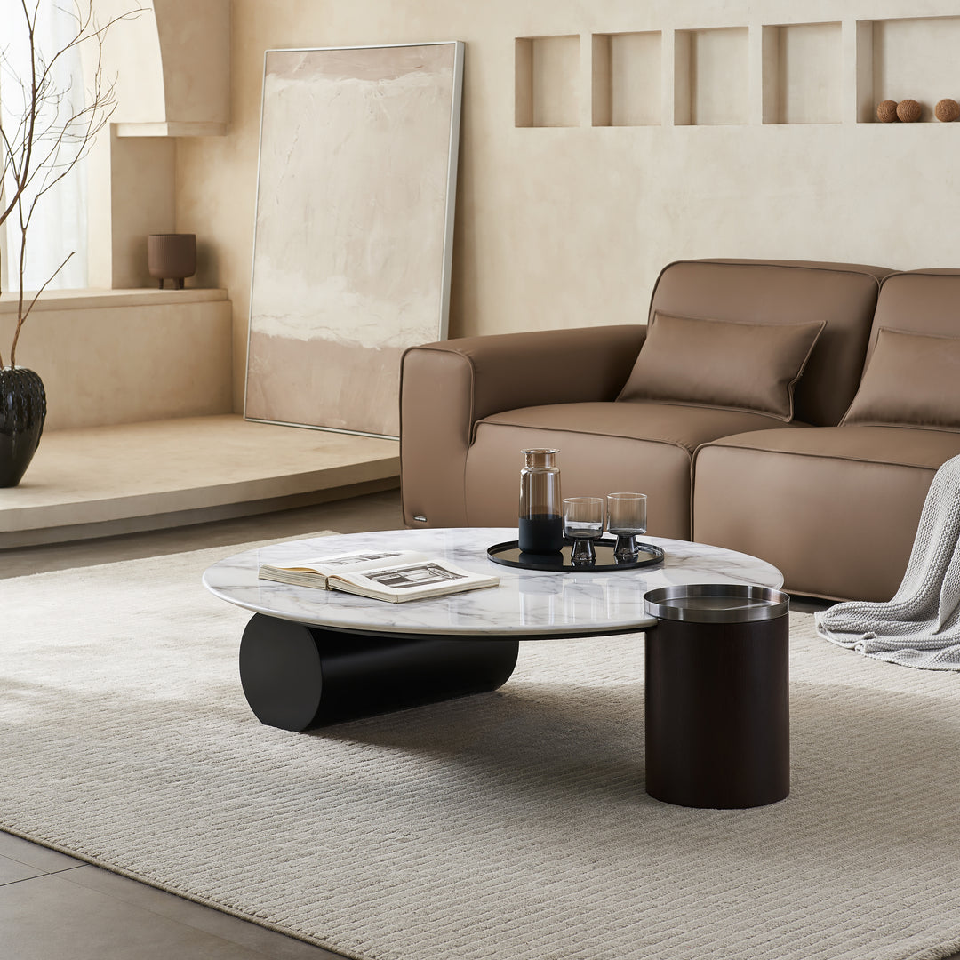 AURELIO Modern White Marble Coffee Table with Black Base