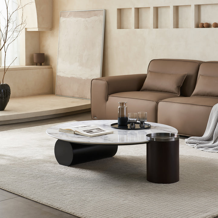 AURELIO Modern White Marble Coffee Table with Black Base
