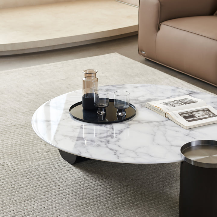 AURELIO Modern White Marble Coffee Table with Black Base