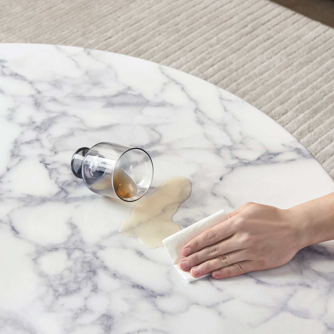 AURELIO Modern White Marble Coffee Table with Black Base