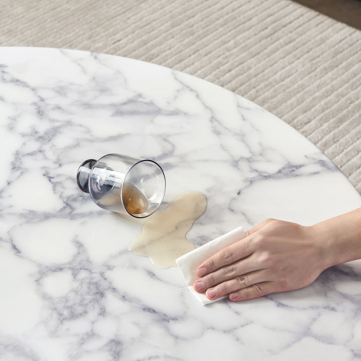 AURELIO Modern White Marble Coffee Table with Black Base