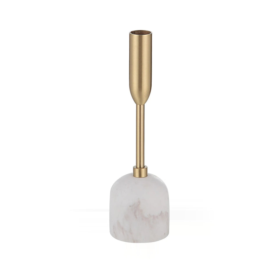 A white and gold candle holder, featuring a marble-patterned base and a metallic gold candle support, is displayed against a white background.