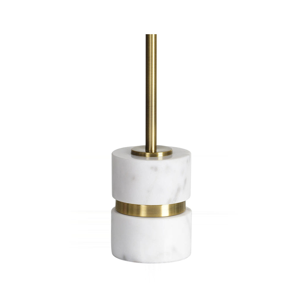 A white and gold lamp featuring a marble base and a metal stand, set against a white background.