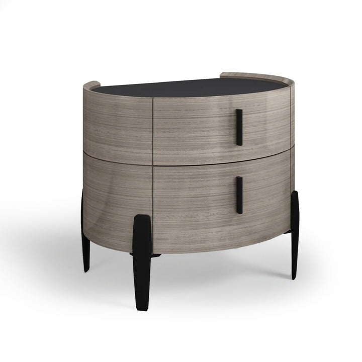 A grey, two-drawer nightstand with a curved wooden exterior and black handles and legs, presented on a white background.