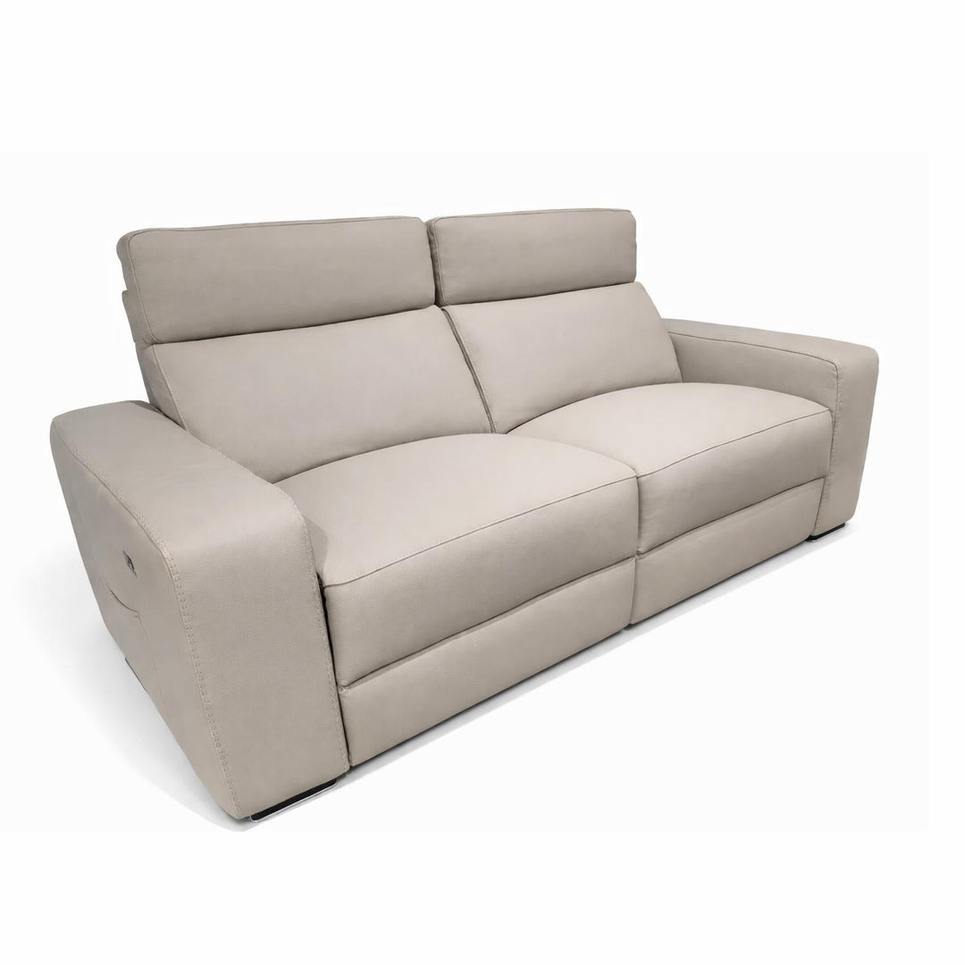 Beige leather two-seater sofa with plush cushions and a reclining mechanism button on the side.
