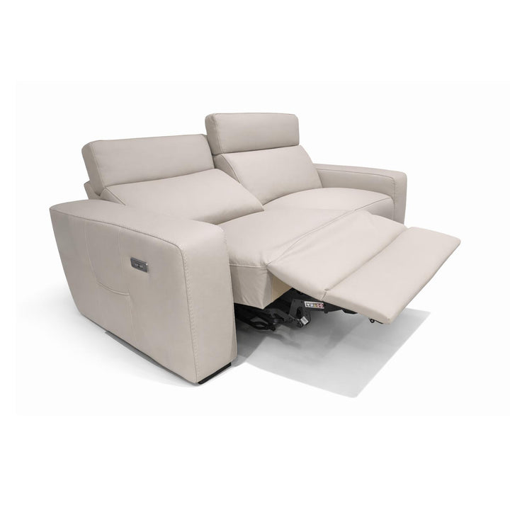Beige leather two-seater sofa with one recliner extended, featuring visible side control buttons on the armrest.