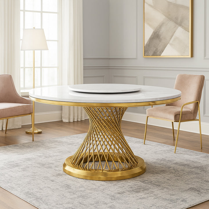 CAELINA White Marble Dining Table with Golden Pedestal