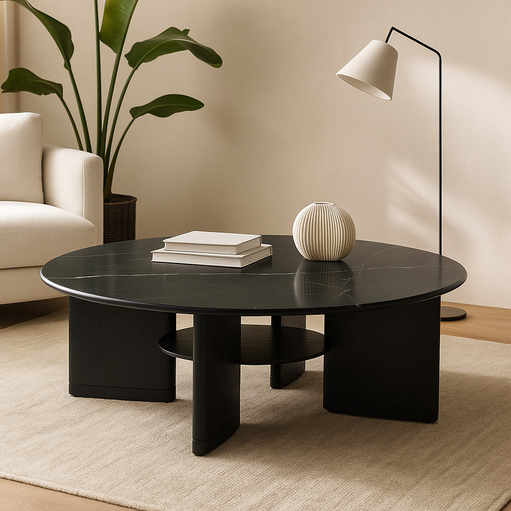 NOCTAVIA 80cm Black Art Stone Round Coffee Table
