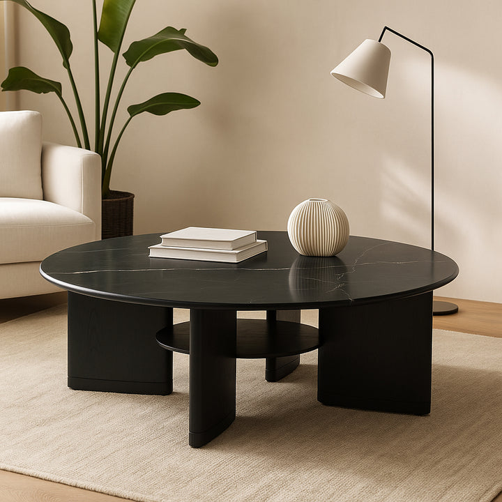 NOCTAVIA 80cm Black Art Stone Round Coffee Table