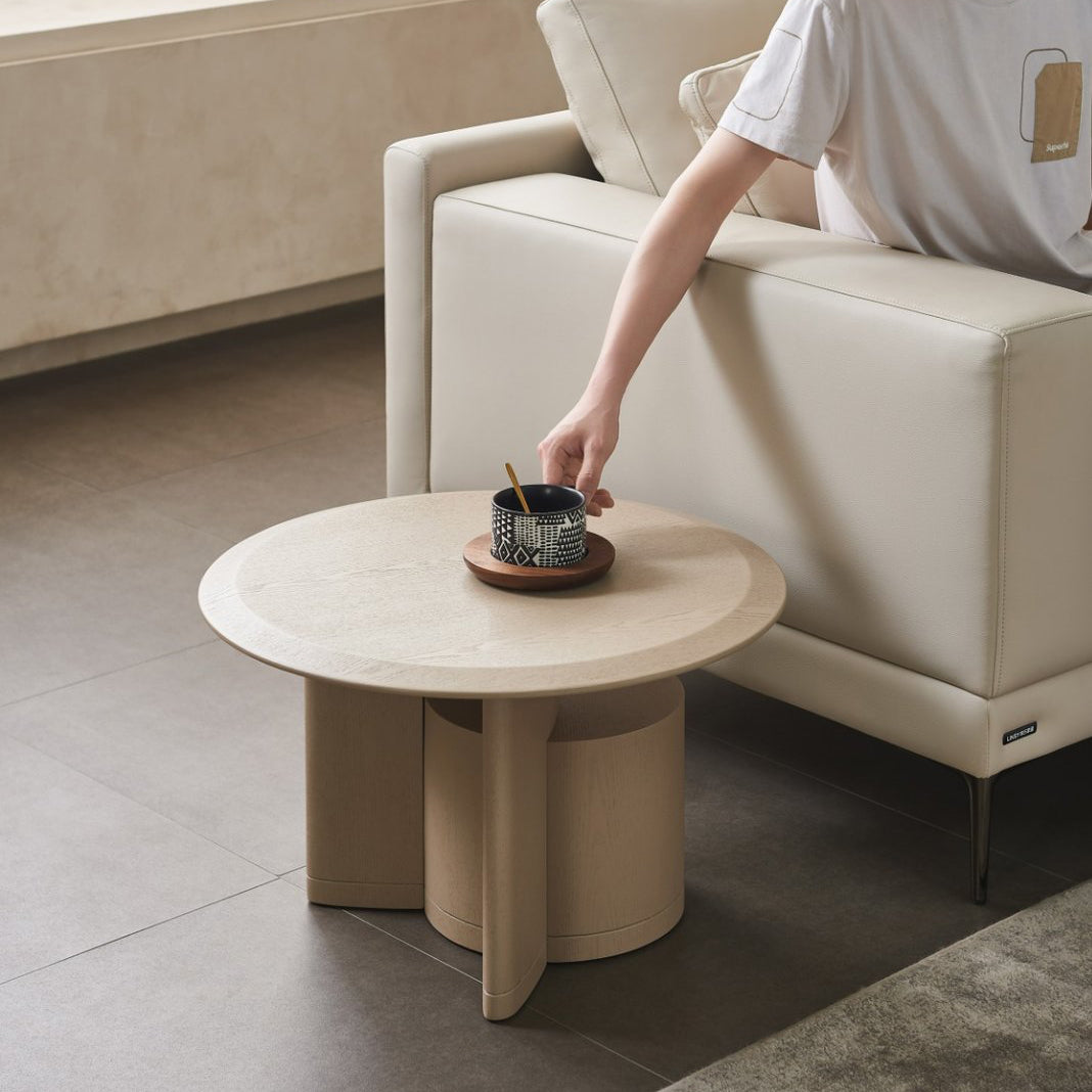 RONDELLE Beige Round End Table with Sculptural Base