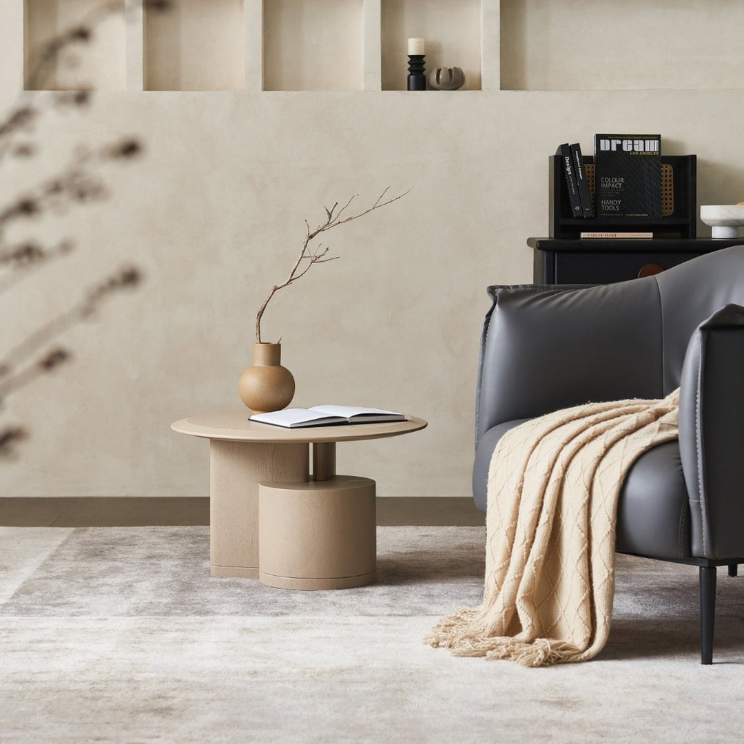 RONDELLE Beige Round End Table with Sculptural Base