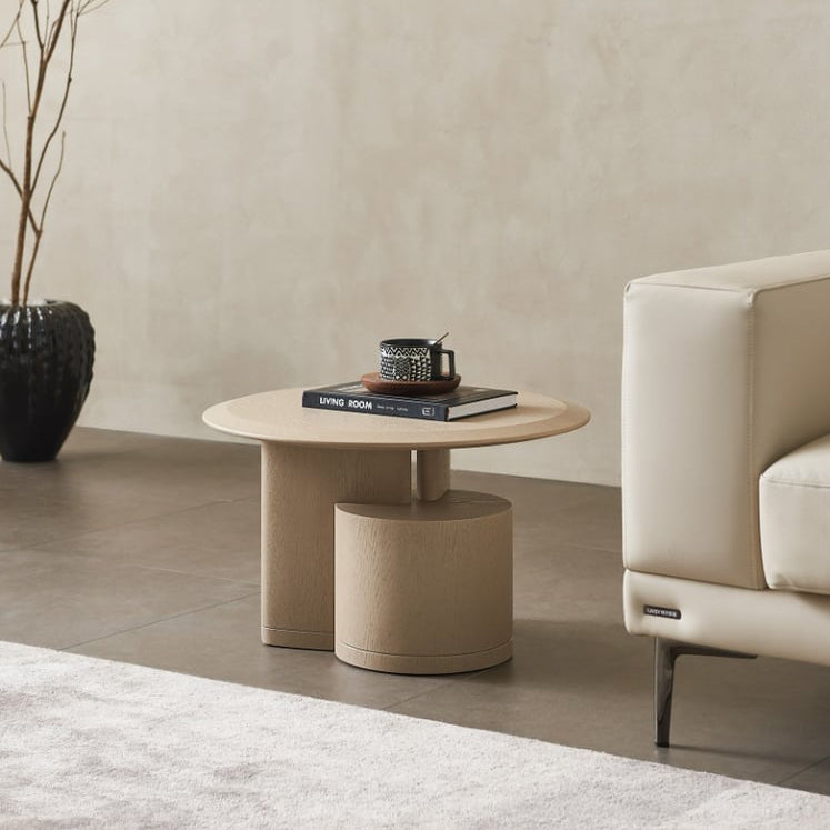 RONDELLE Beige Round End Table with Sculptural Base