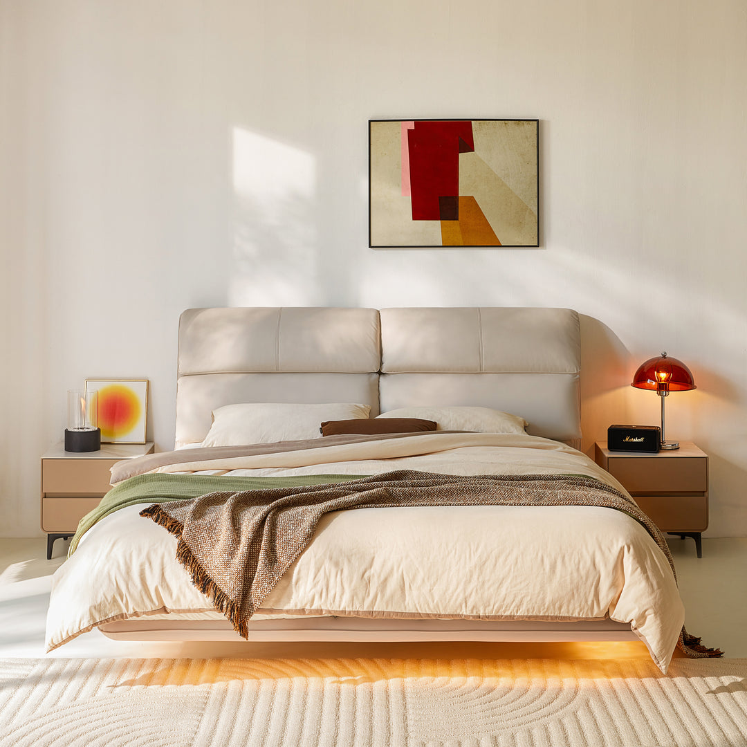 MARIVELLE Sand Leather Floating Bed with LED Light